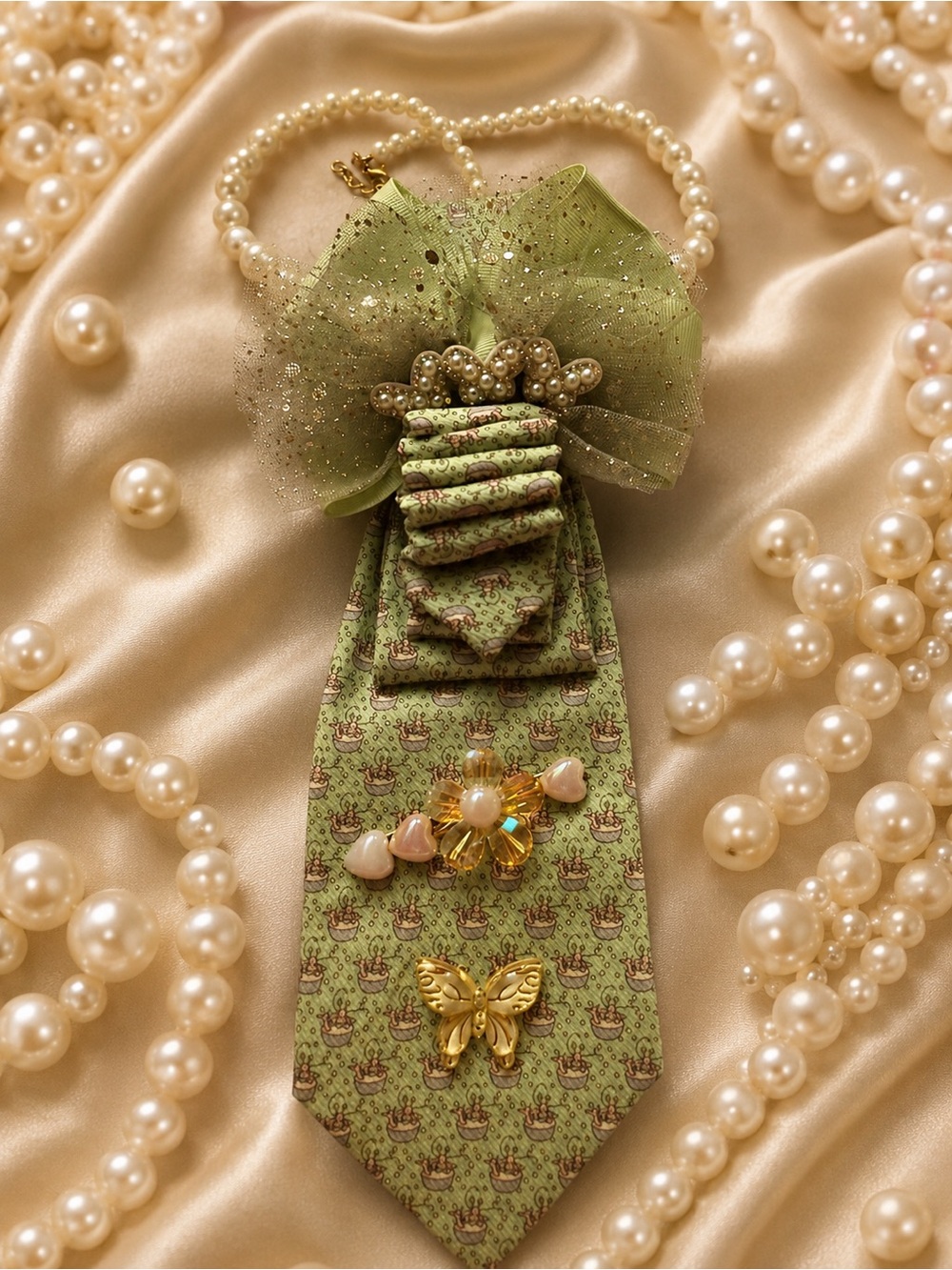 Elegant Green Pearl-Adorned Brooch Necktie!